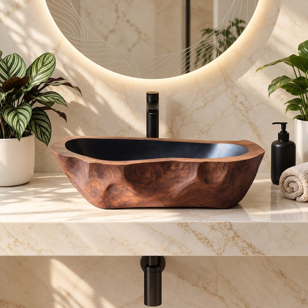 Chiseled Oblong Wooden Vessel Sink with Dimpled Carved Exterior and Sealed Interior, Solid Wood Basin