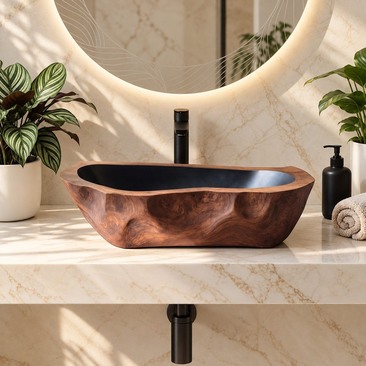 Chiseled Oblong Wooden Vessel Sink with Dimpled Carved Exterior and Sealed Interior, Solid Wood Basin