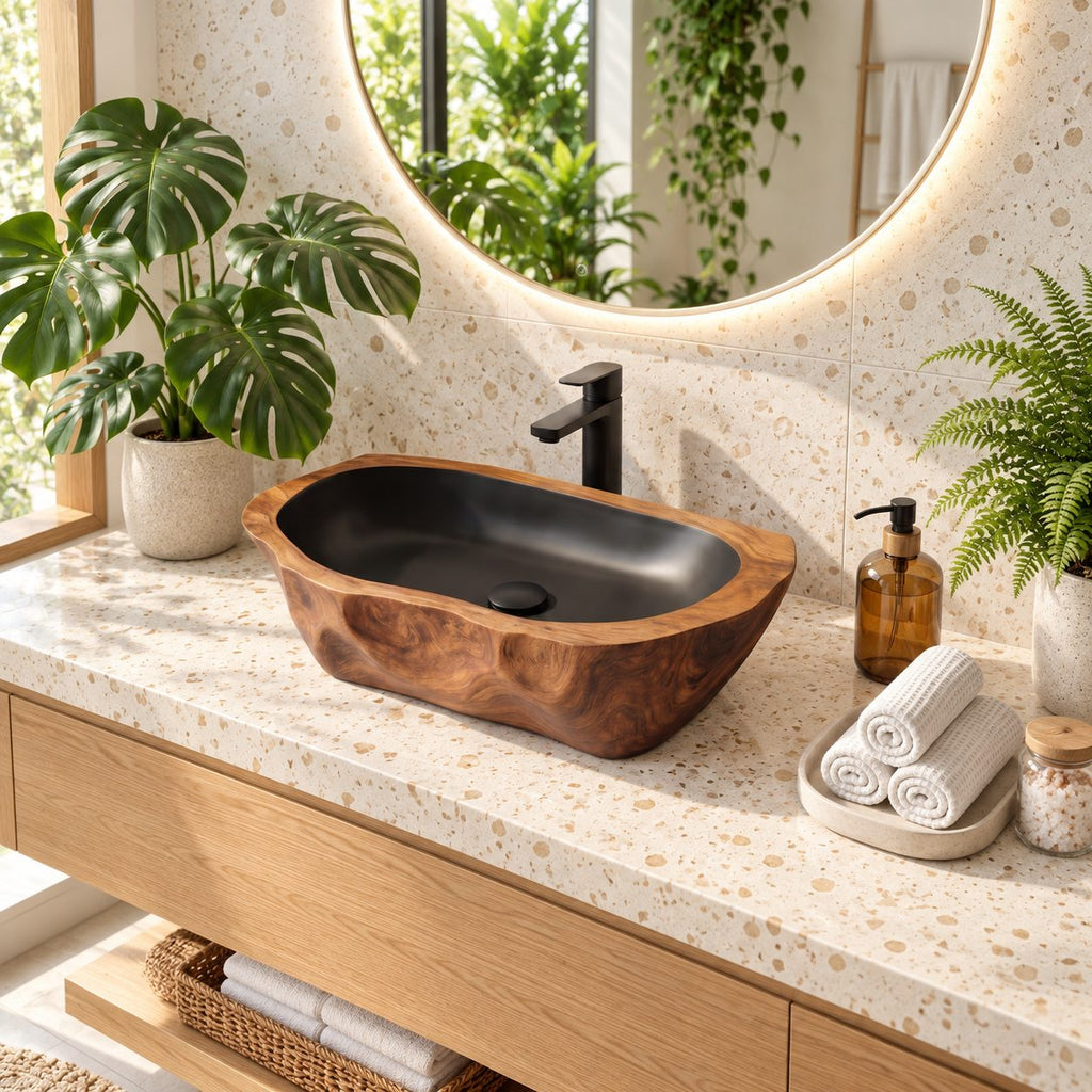 Chiseled Oblong Wooden Vessel Sink with Dimpled Carved Exterior and Sealed Interior, Solid Wood Basin