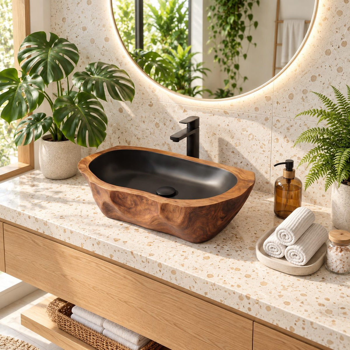 Chiseled Oblong Wooden Vessel Sink with Dimpled Carved Exterior and Sealed Interior, Solid Wood Basin