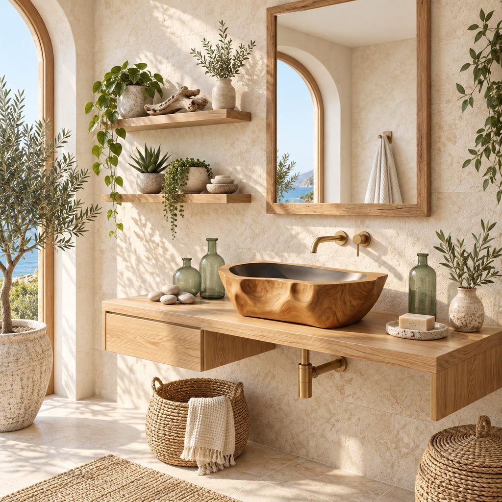 Chiseled Oblong Wooden Vessel Sink with Dimpled Carved Exterior and Sealed Interior, Solid Wood Basin