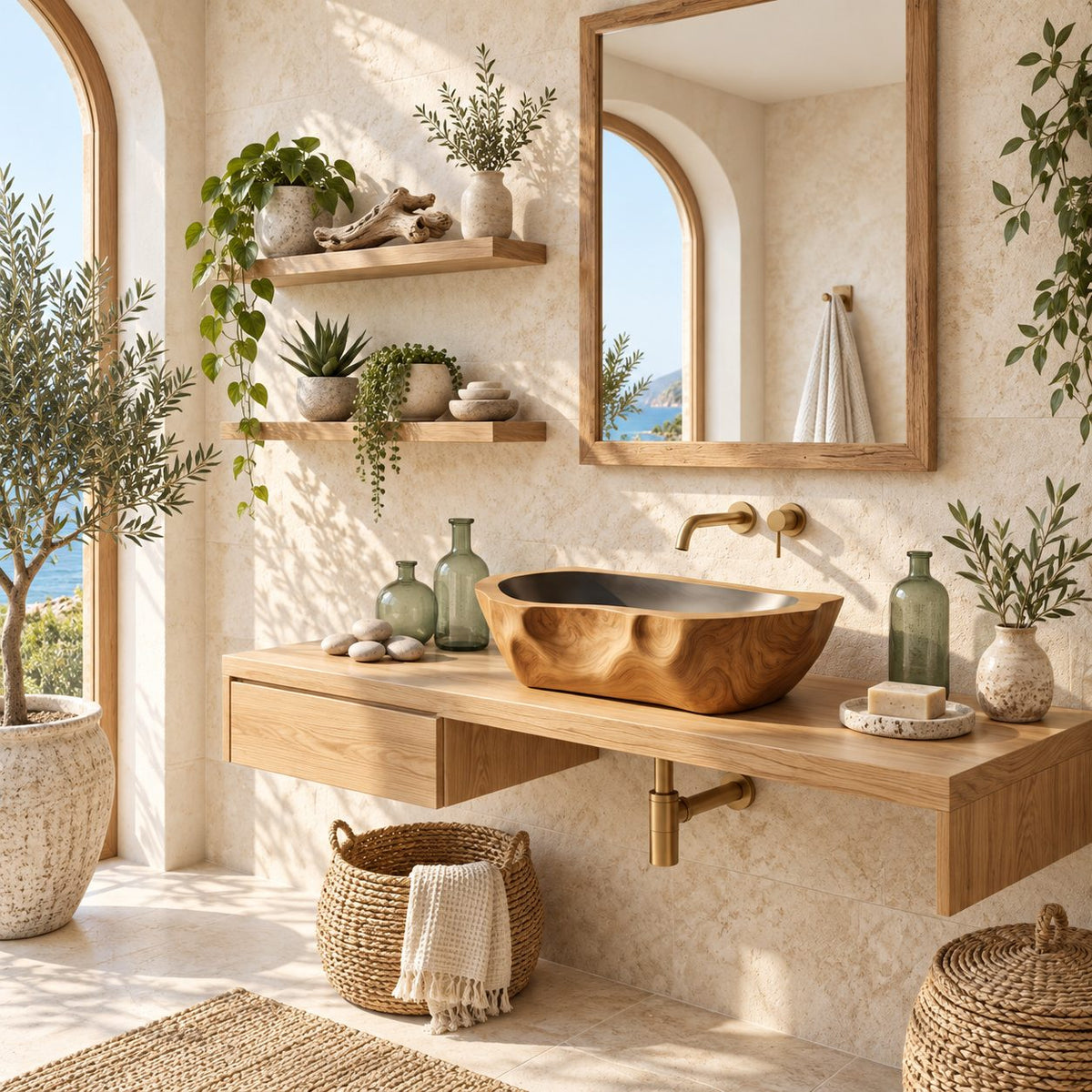 Chiseled Oblong Wooden Vessel Sink with Dimpled Carved Exterior and Sealed Interior, Solid Wood Basin