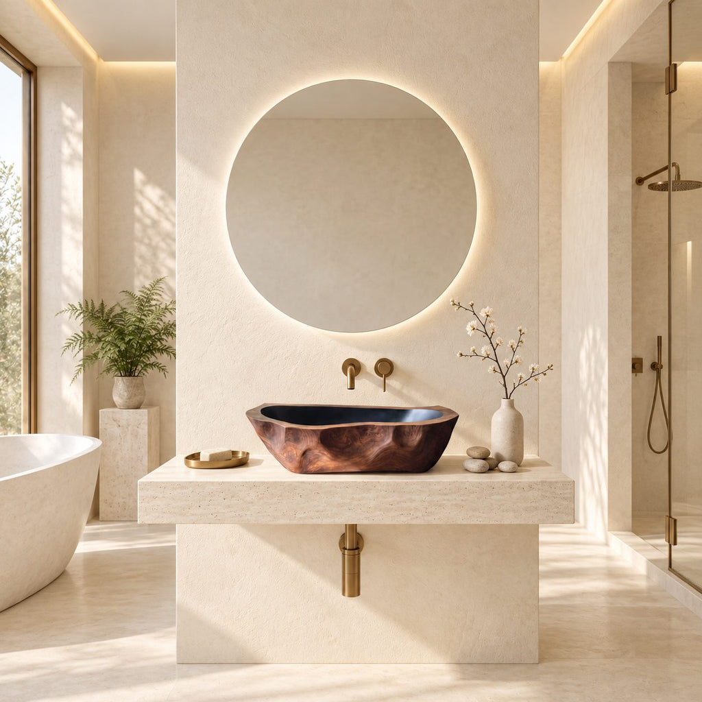 Chiseled Oblong Wooden Vessel Sink with Dimpled Carved Exterior and Sealed Interior, Solid Wood Basin