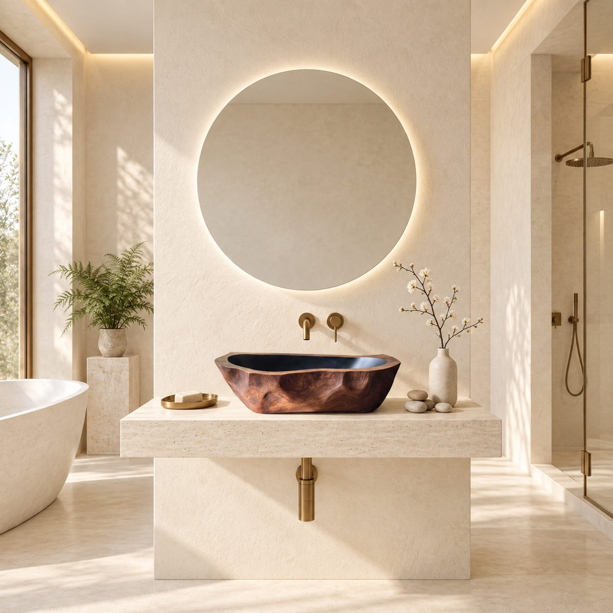 Chiseled Oblong Wooden Vessel Sink with Dimpled Carved Exterior and Sealed Interior, Solid Wood Basin