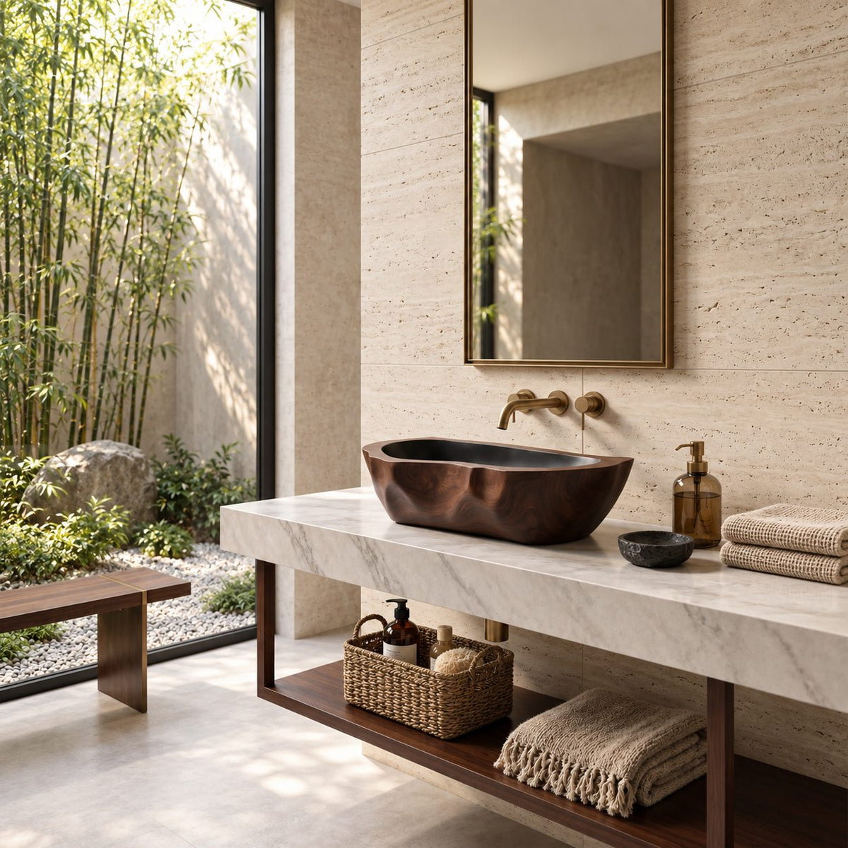 Chiseled Oblong Wooden Vessel Sink with Dimpled Carved Exterior and Sealed Interior, Solid Wood Basin