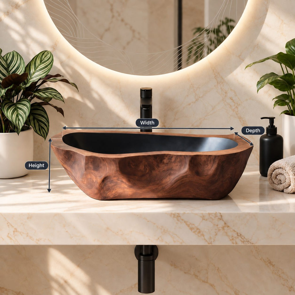 Chiseled Oblong Wooden Vessel Sink with Dimpled Carved Exterior and Sealed Interior, Solid Wood Basin
