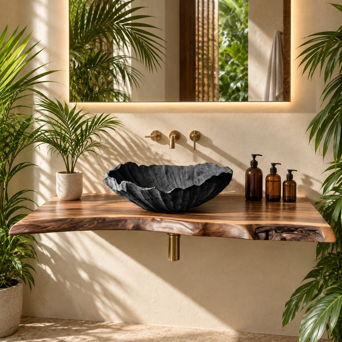 Ruffled Shell Rim Wooden Vessel Sink, Wide Shallow Carved Solid Wood Bathroom Basin Bowl