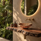 Ruffled Shell Rim Wooden Vessel Sink, Wide Shallow Carved Solid Wood Bathroom Basin Bowl