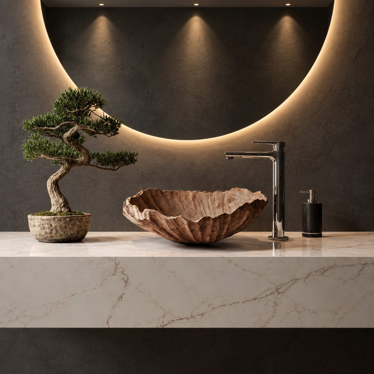Ruffled Shell Rim Wooden Vessel Sink, Wide Shallow Carved Solid Wood Bathroom Basin Bowl