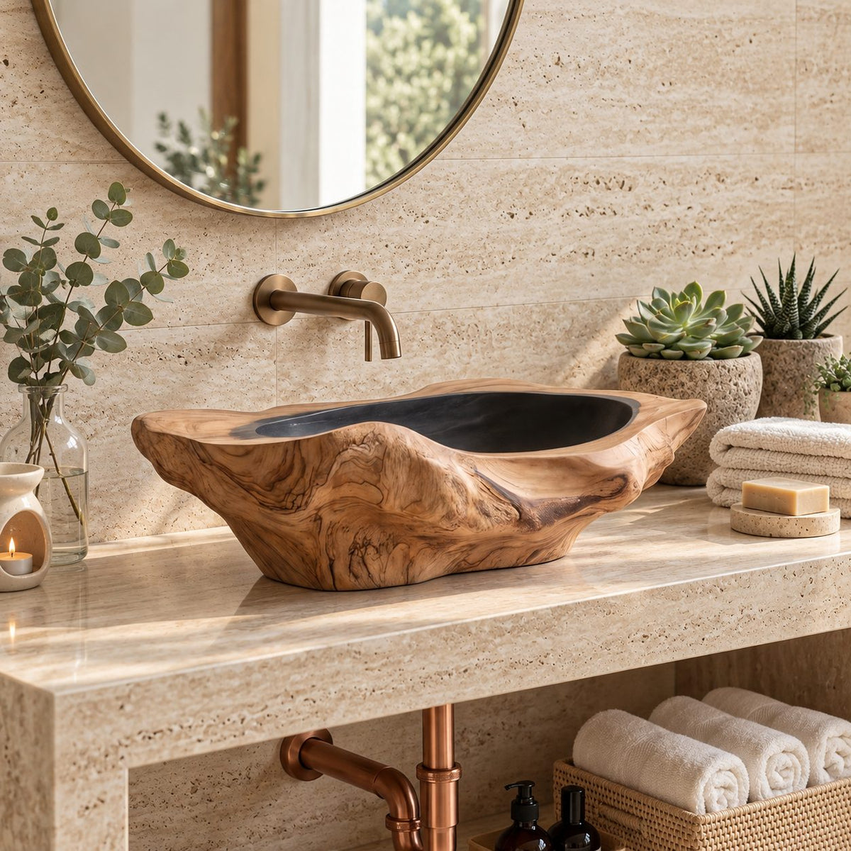 Gnarled Driftwood Style Wooden Vessel Sink, Thick Freeform Carved Basin with Sealed Interior