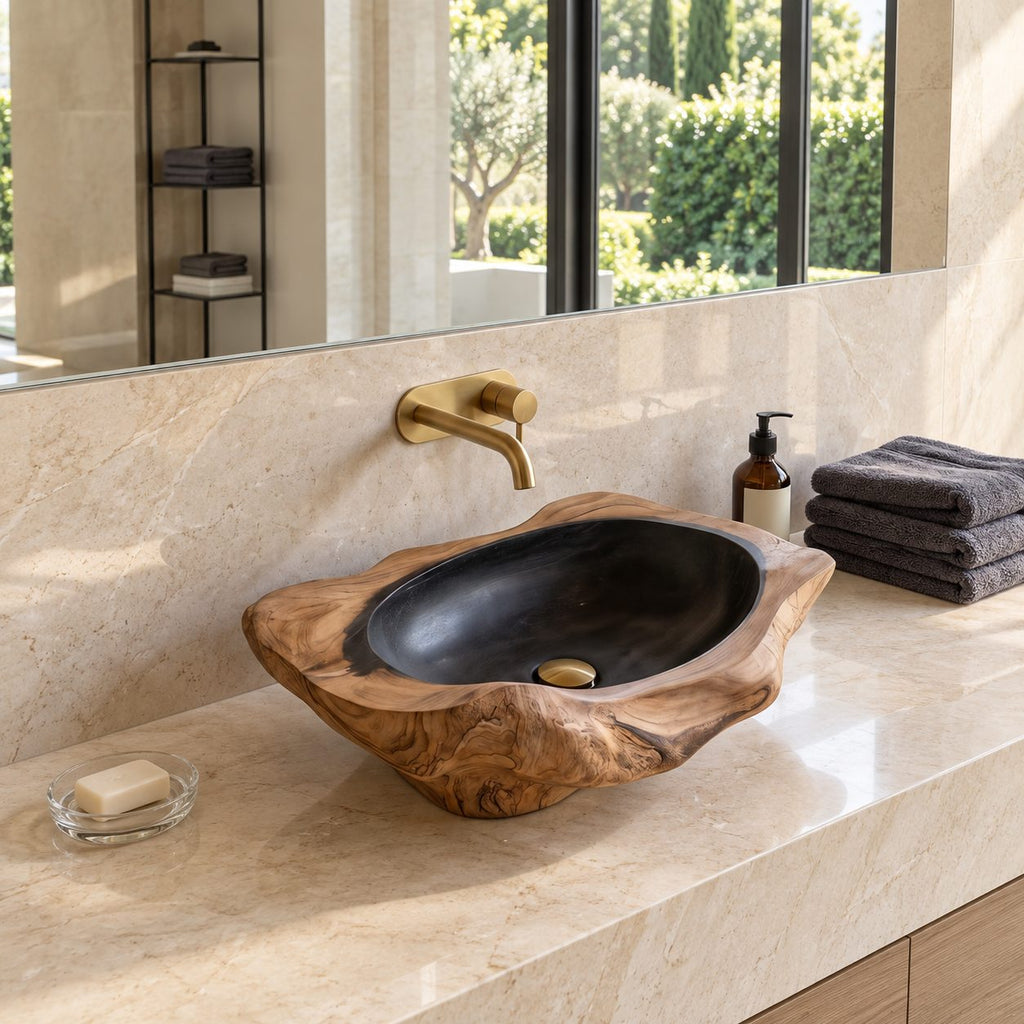 Gnarled Driftwood Style Wooden Vessel Sink, Thick Freeform Carved Basin with Sealed Interior