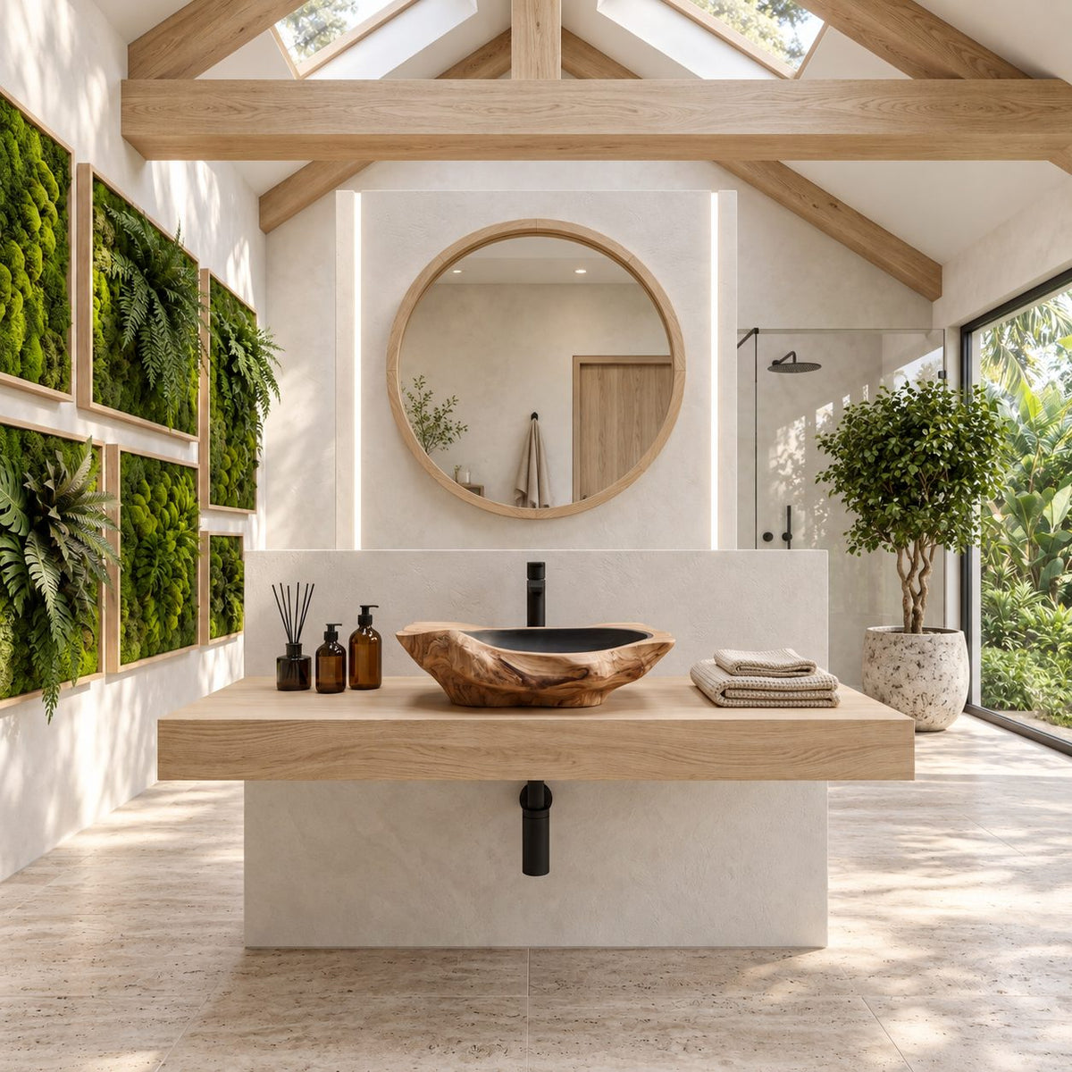 Gnarled Driftwood Style Wooden Vessel Sink, Thick Freeform Carved Basin with Sealed Interior