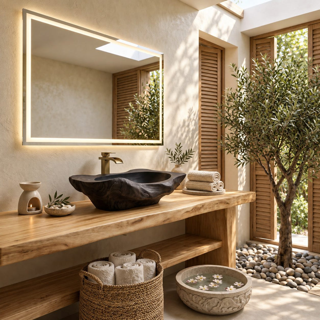 Gnarled Driftwood Style Wooden Vessel Sink, Thick Freeform Carved Basin with Sealed Interior