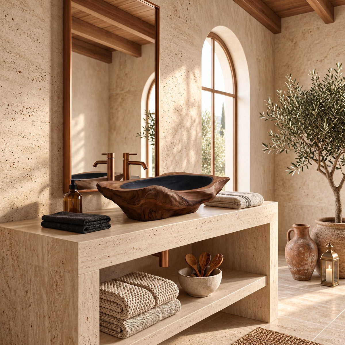 Gnarled Driftwood Style Wooden Vessel Sink, Thick Freeform Carved Basin with Sealed Interior