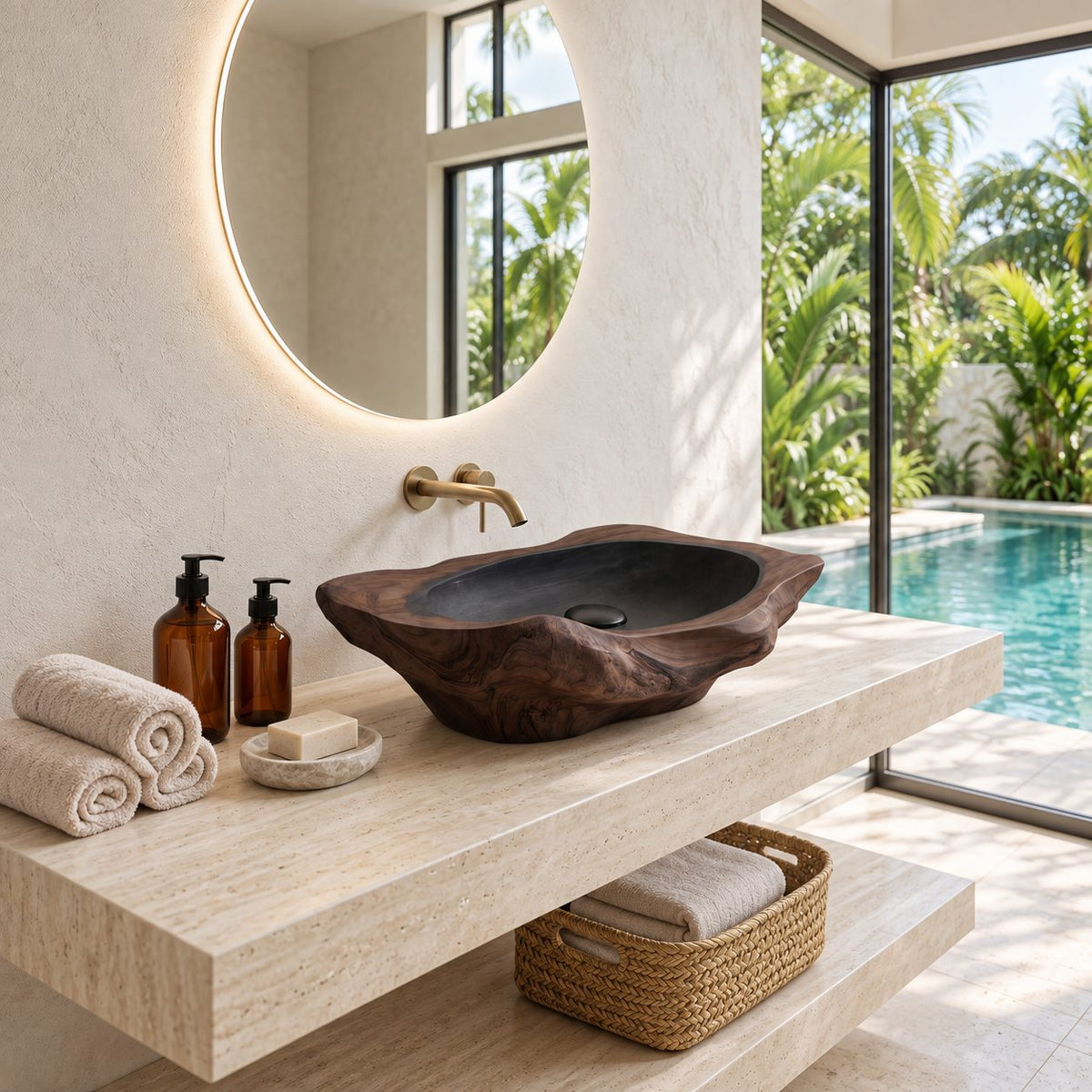 Gnarled Driftwood Style Wooden Vessel Sink, Thick Freeform Carved Basin with Sealed Interior