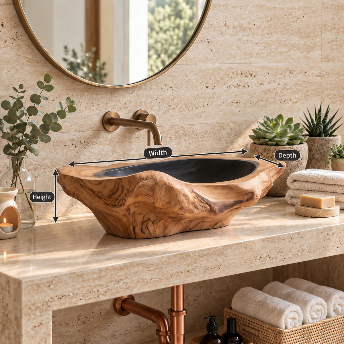 Gnarled Driftwood Style Wooden Vessel Sink, Thick Freeform Carved Basin with Sealed Interior