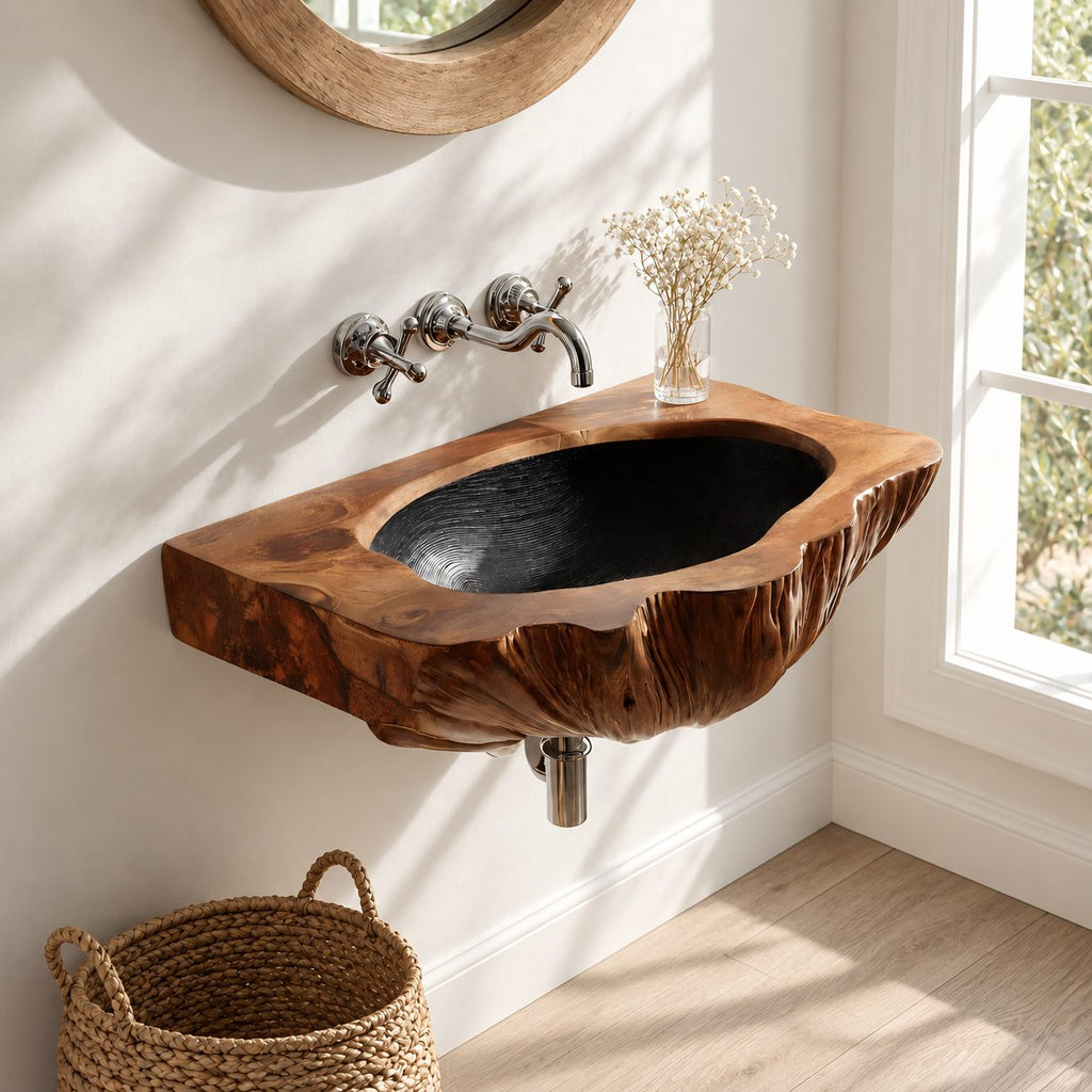 Bark Edge Wall Mounted Wooden Sink, Hollowed Solid Wood Wall-Hung Bathroom Basin 22-36 Inch