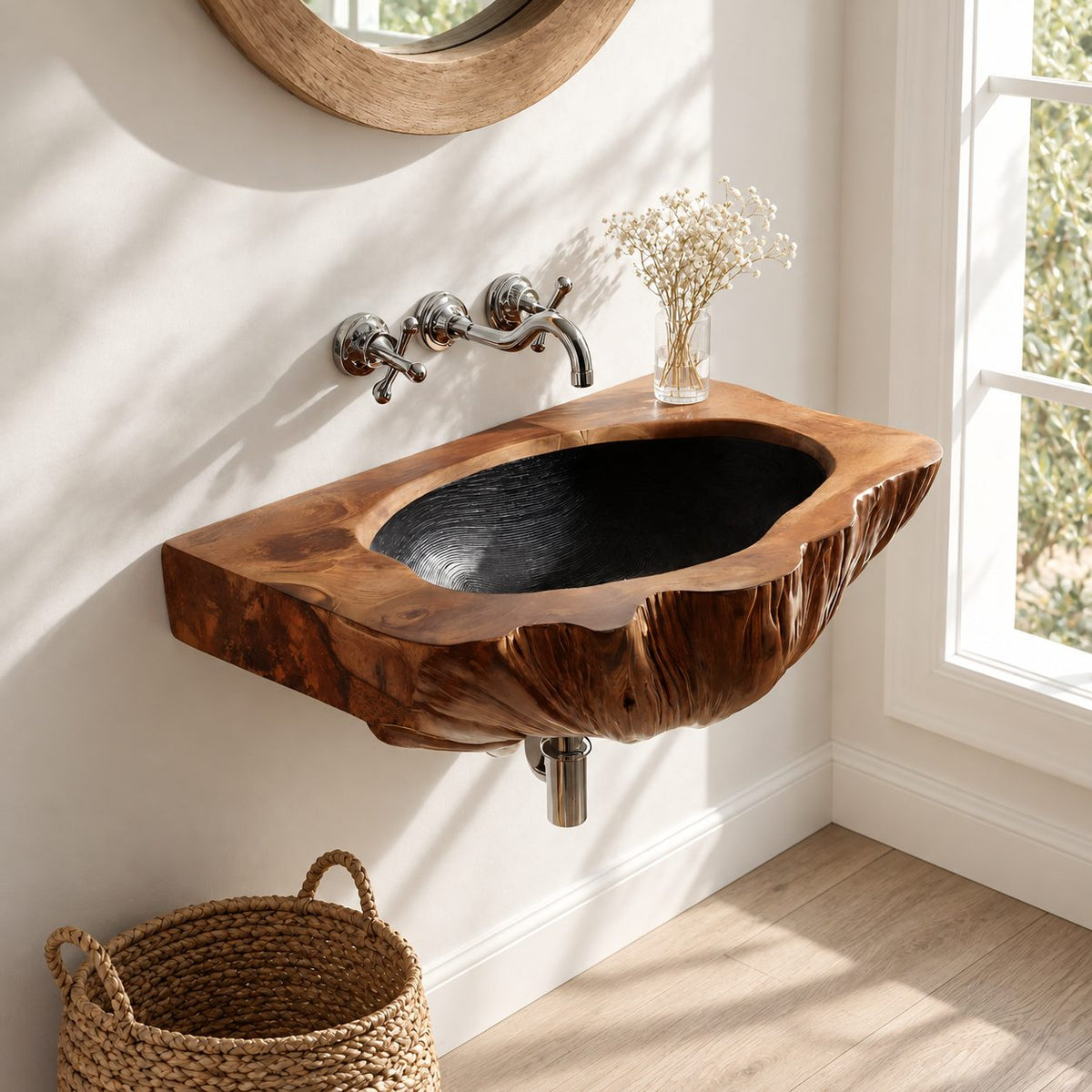 Bark Edge Wall Mounted Wooden Sink, Hollowed Solid Wood Wall-Hung Bathroom Basin 22-36 Inch