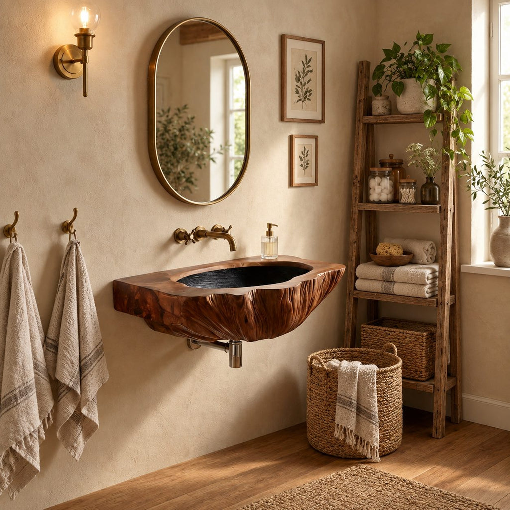 Bark Edge Wall Mounted Wooden Sink, Hollowed Solid Wood Wall-Hung Bathroom Basin 22-36 Inch