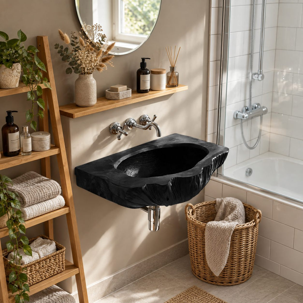 Bark Edge Wall Mounted Wooden Sink, Hollowed Solid Wood Wall-Hung Bathroom Basin 22-36 Inch