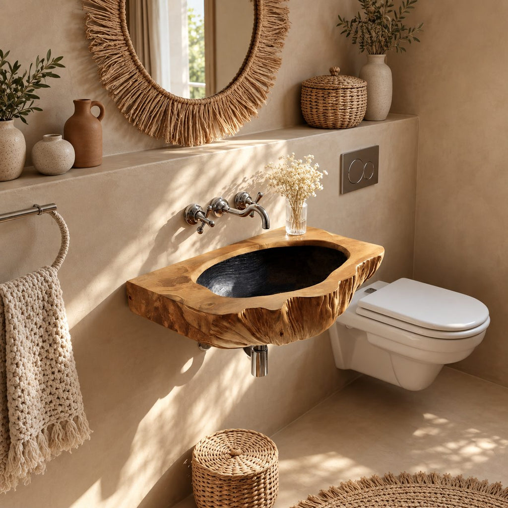 Bark Edge Wall Mounted Wooden Sink, Hollowed Solid Wood Wall-Hung Bathroom Basin 22-36 Inch