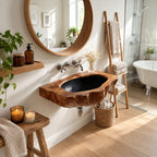 Bark Edge Wall Mounted Wooden Sink, Hollowed Solid Wood Wall-Hung Bathroom Basin 22-36 Inch