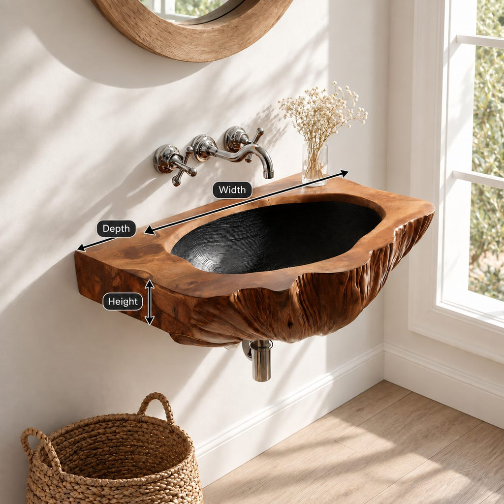 Bark Edge Wall Mounted Wooden Sink, Hollowed Solid Wood Wall-Hung Bathroom Basin 22-36 Inch