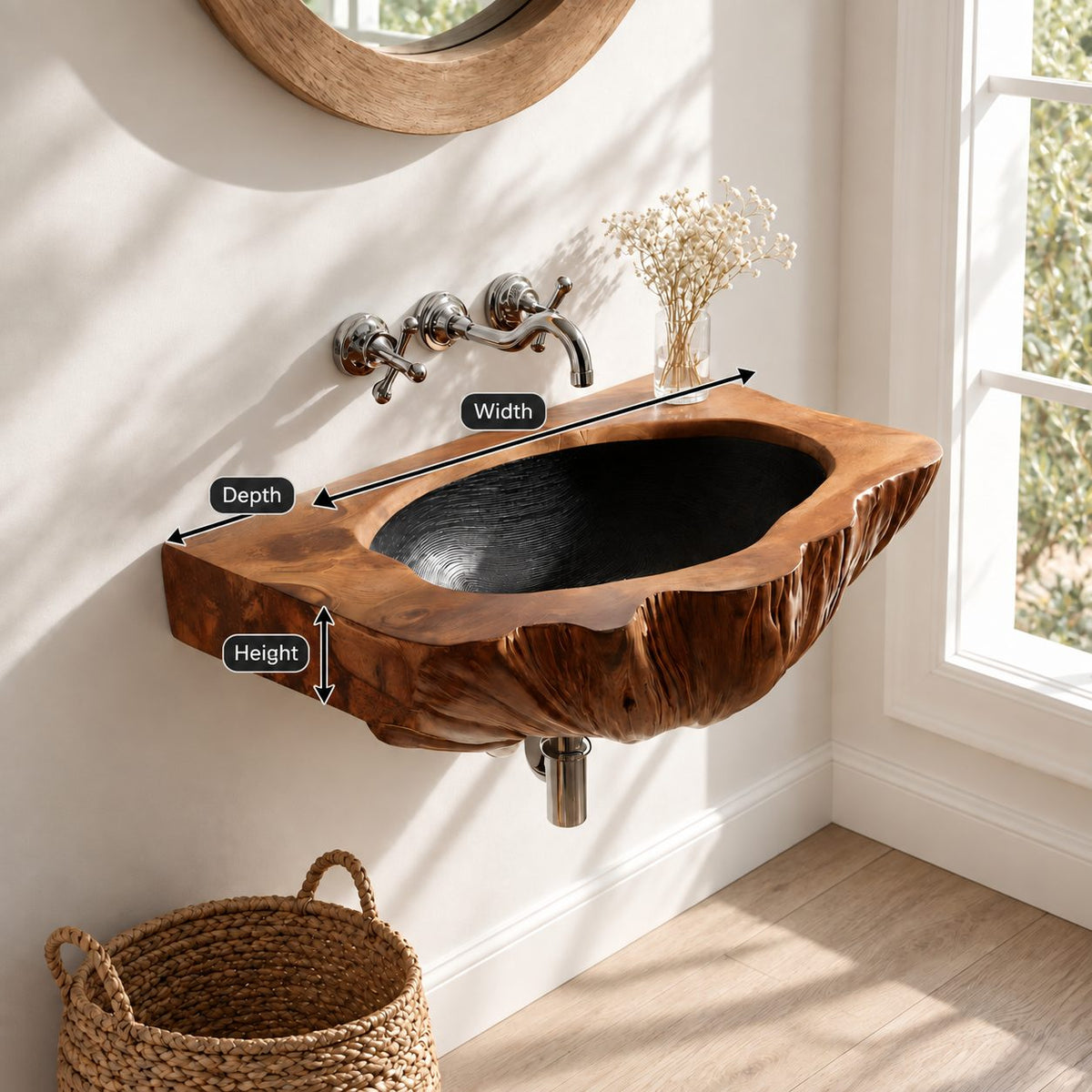 Bark Edge Wall Mounted Wooden Sink, Hollowed Solid Wood Wall-Hung Bathroom Basin 22-36 Inch