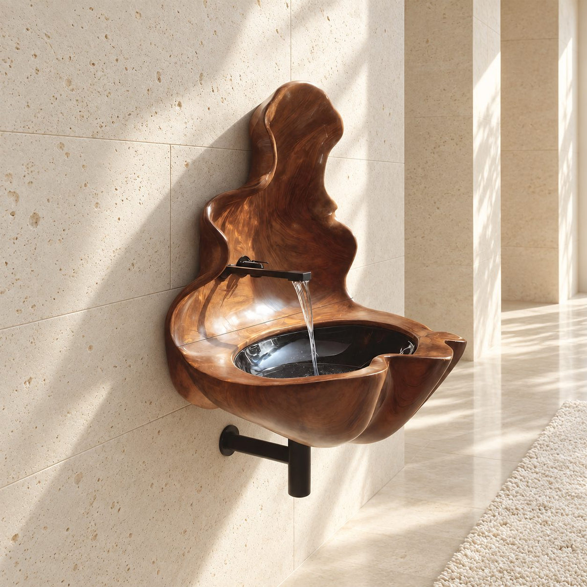 Sculptural Wall Fountain Wooden Sink with Tall Flame Backsplash, Wall-Hung Solid Wood Basin 20-32 Inch