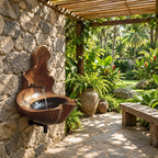 Sculptural Wall Fountain Wooden Sink with Tall Flame Backsplash, Wall-Hung Solid Wood Basin 20-32 Inch