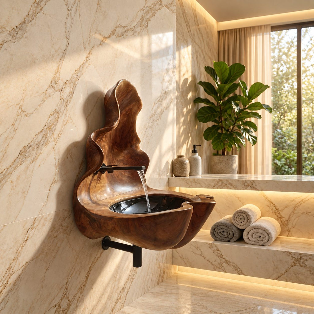 Sculptural Wall Fountain Wooden Sink with Tall Flame Backsplash, Wall-Hung Solid Wood Basin 20-32 Inch