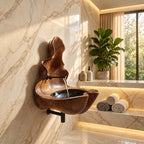 Sculptural Wall Fountain Wooden Sink with Tall Flame Backsplash, Wall-Hung Solid Wood Basin 20-32 Inch