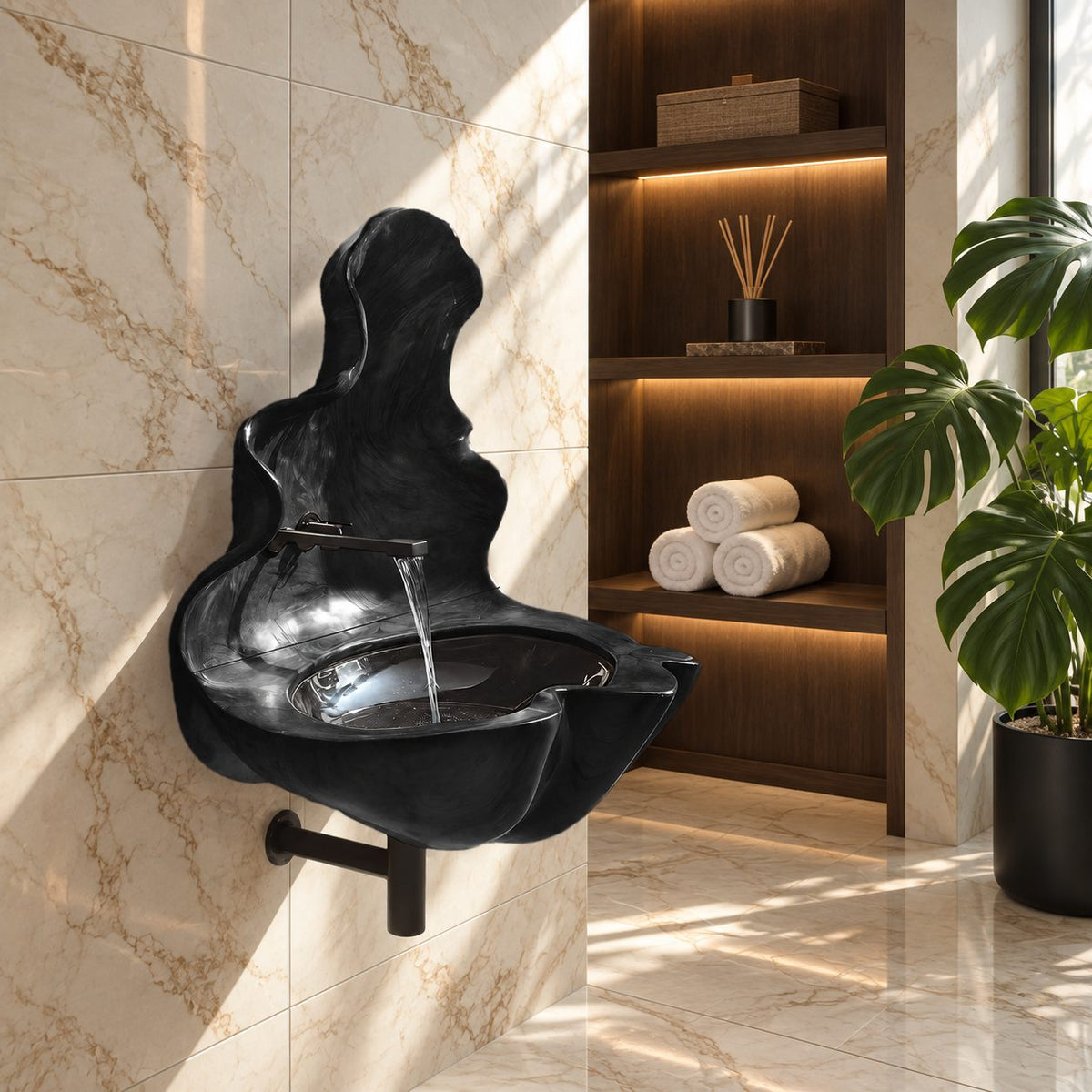 Sculptural Wall Fountain Wooden Sink with Tall Flame Backsplash, Wall-Hung Solid Wood Basin 20-32 Inch