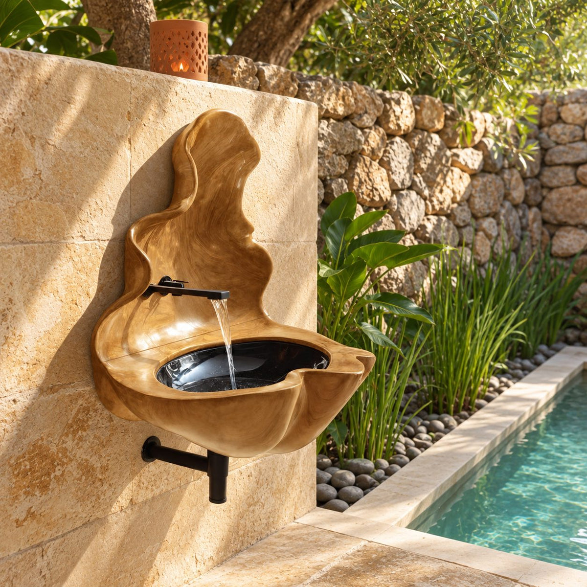 Sculptural Wall Fountain Wooden Sink with Tall Flame Backsplash, Wall-Hung Solid Wood Basin 20-32 Inch
