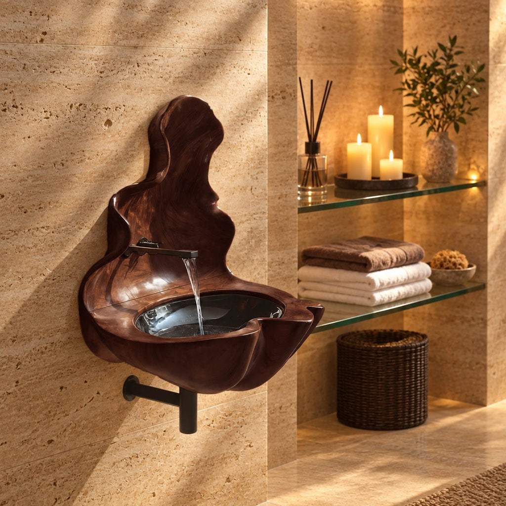 Sculptural Wall Fountain Wooden Sink with Tall Flame Backsplash, Wall-Hung Solid Wood Basin 20-32 Inch