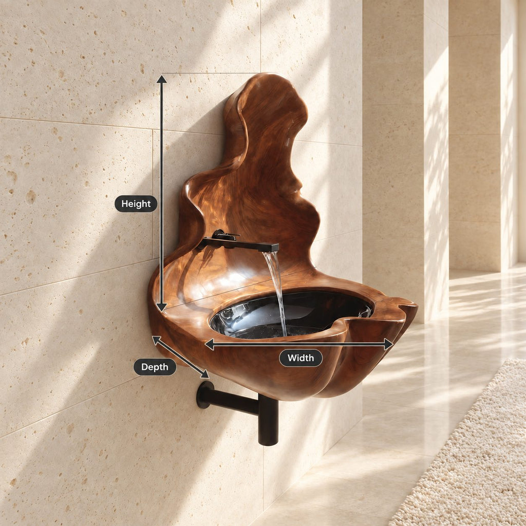 Sculptural Wall Fountain Wooden Sink with Tall Flame Backsplash, Wall-Hung Solid Wood Basin 20-32 Inch