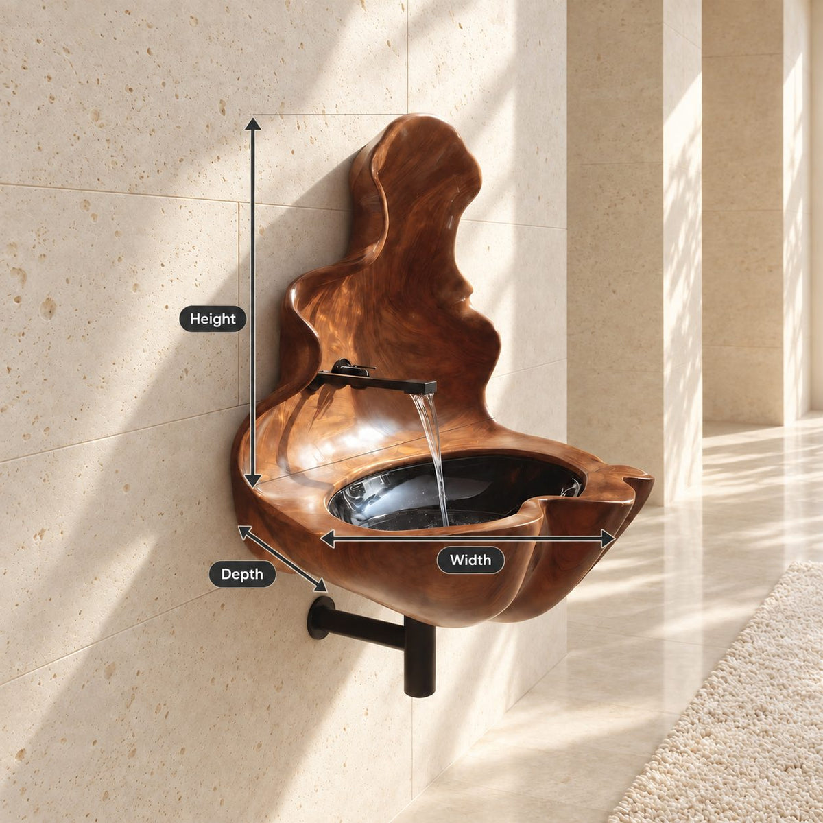 Sculptural Wall Fountain Wooden Sink with Tall Flame Backsplash, Wall-Hung Solid Wood Basin 20-32 Inch