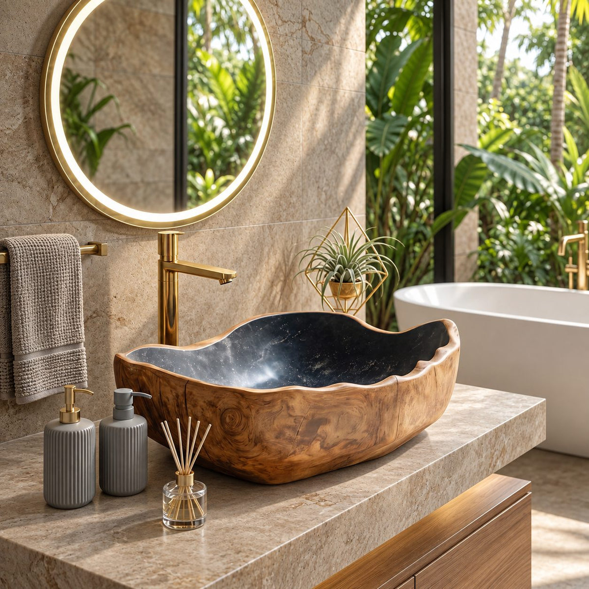 Wavy Lip Oval Wooden Vessel Sink with Thick Carved Walls and Sealed Interior, Solid Wood Basin