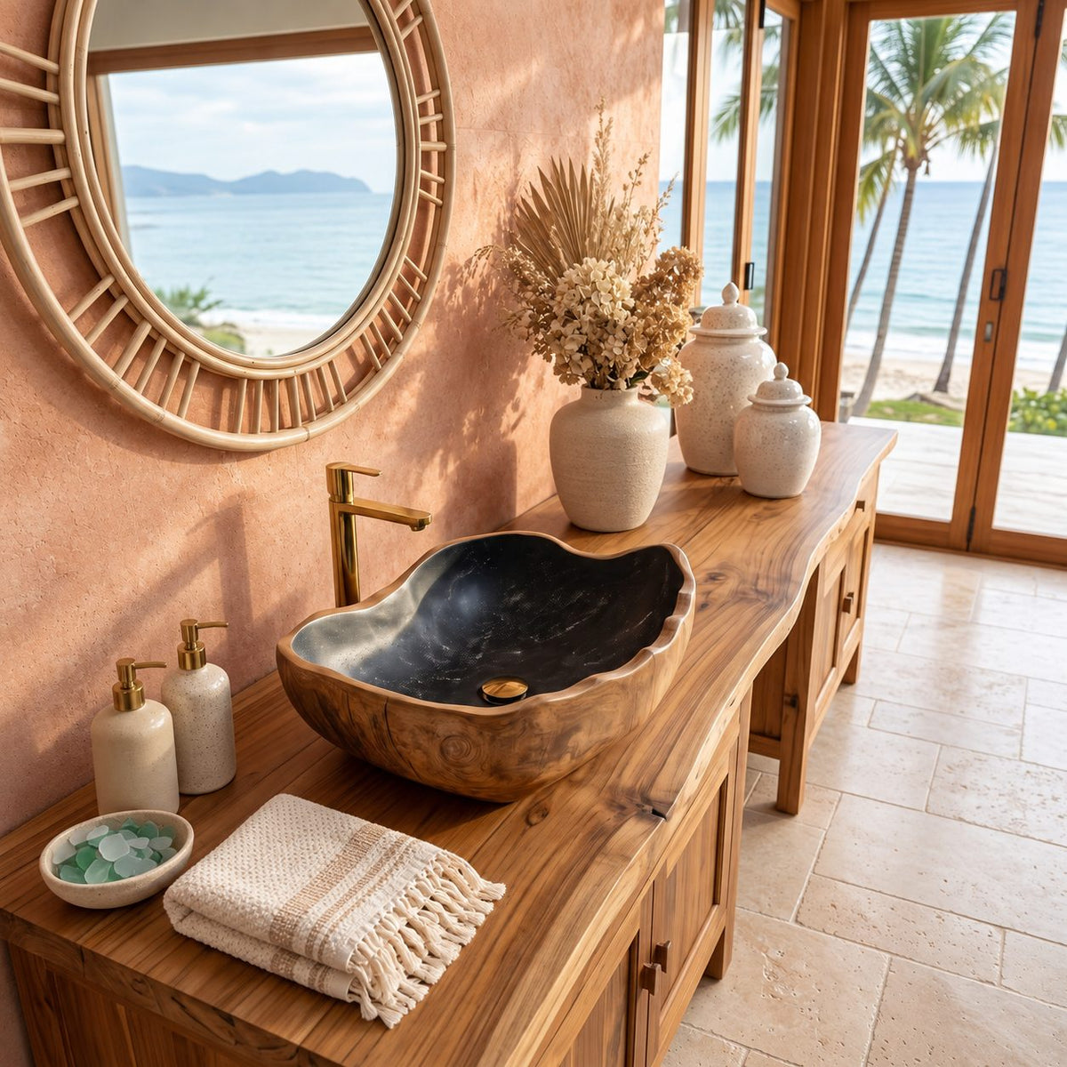 Wavy Lip Oval Wooden Vessel Sink with Thick Carved Walls and Sealed Interior, Solid Wood Basin