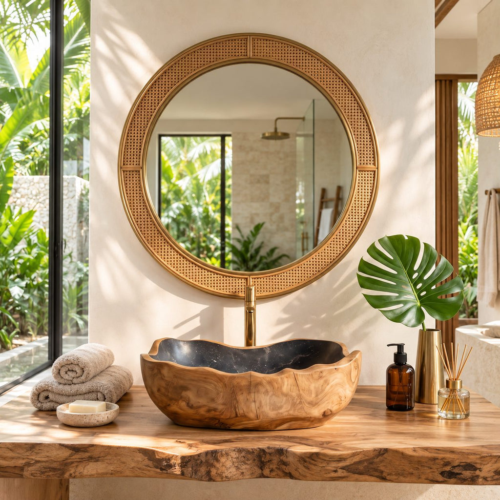 Wavy Lip Oval Wooden Vessel Sink with Thick Carved Walls and Sealed Interior, Solid Wood Basin