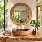 Wavy Lip Oval Wooden Vessel Sink with Thick Carved Walls and Sealed Interior, Solid Wood Basin