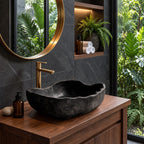 Wavy Lip Oval Wooden Vessel Sink with Thick Carved Walls and Sealed Interior, Solid Wood Basin