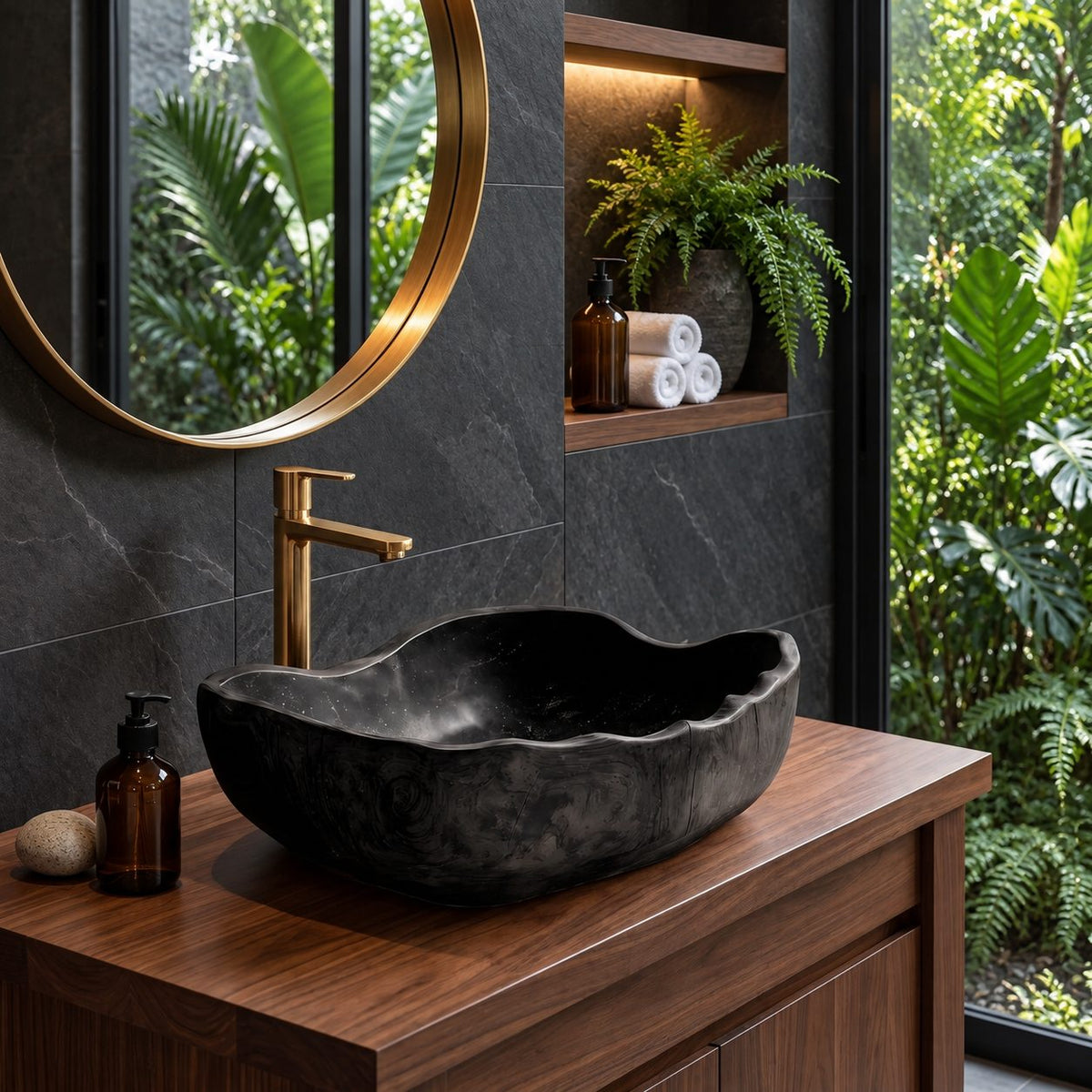 Wavy Lip Oval Wooden Vessel Sink with Thick Carved Walls and Sealed Interior, Solid Wood Basin
