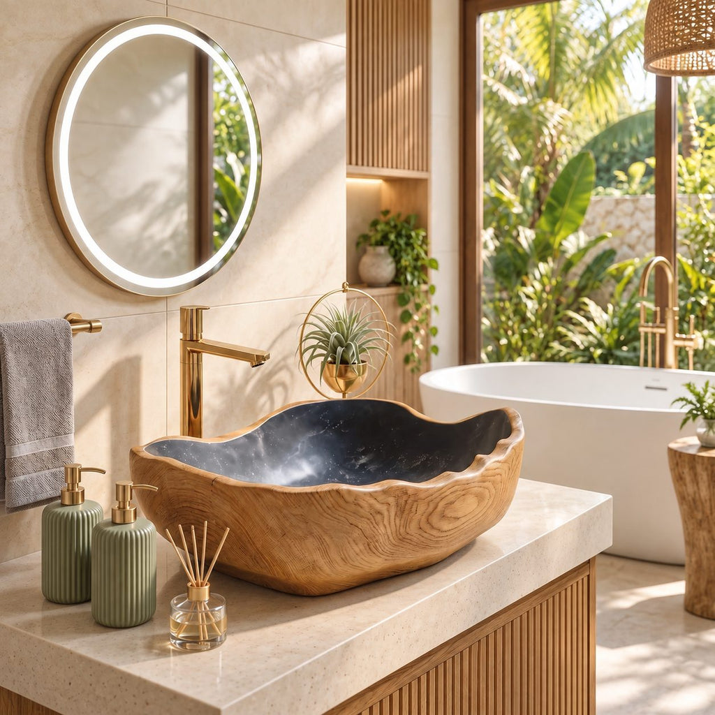 Wavy Lip Oval Wooden Vessel Sink with Thick Carved Walls and Sealed Interior, Solid Wood Basin