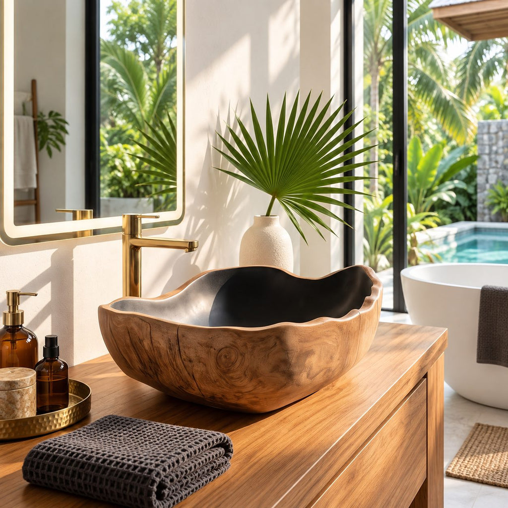 Wavy Lip Oval Wooden Vessel Sink with Thick Carved Walls and Sealed Interior, Solid Wood Basin