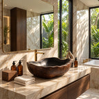 Wavy Lip Oval Wooden Vessel Sink with Thick Carved Walls and Sealed Interior, Solid Wood Basin
