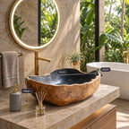 Wavy Lip Oval Wooden Vessel Sink with Thick Carved Walls and Sealed Interior, Solid Wood Basin