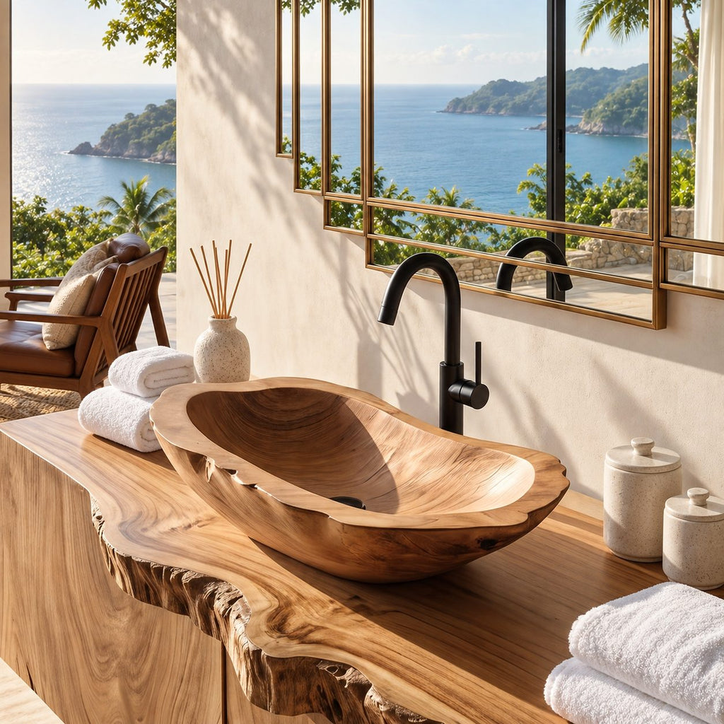 Long Dugout Wooden Vessel Sink with Rough Carved Rim, Elongated Solid Wood Countertop Basin Bowl