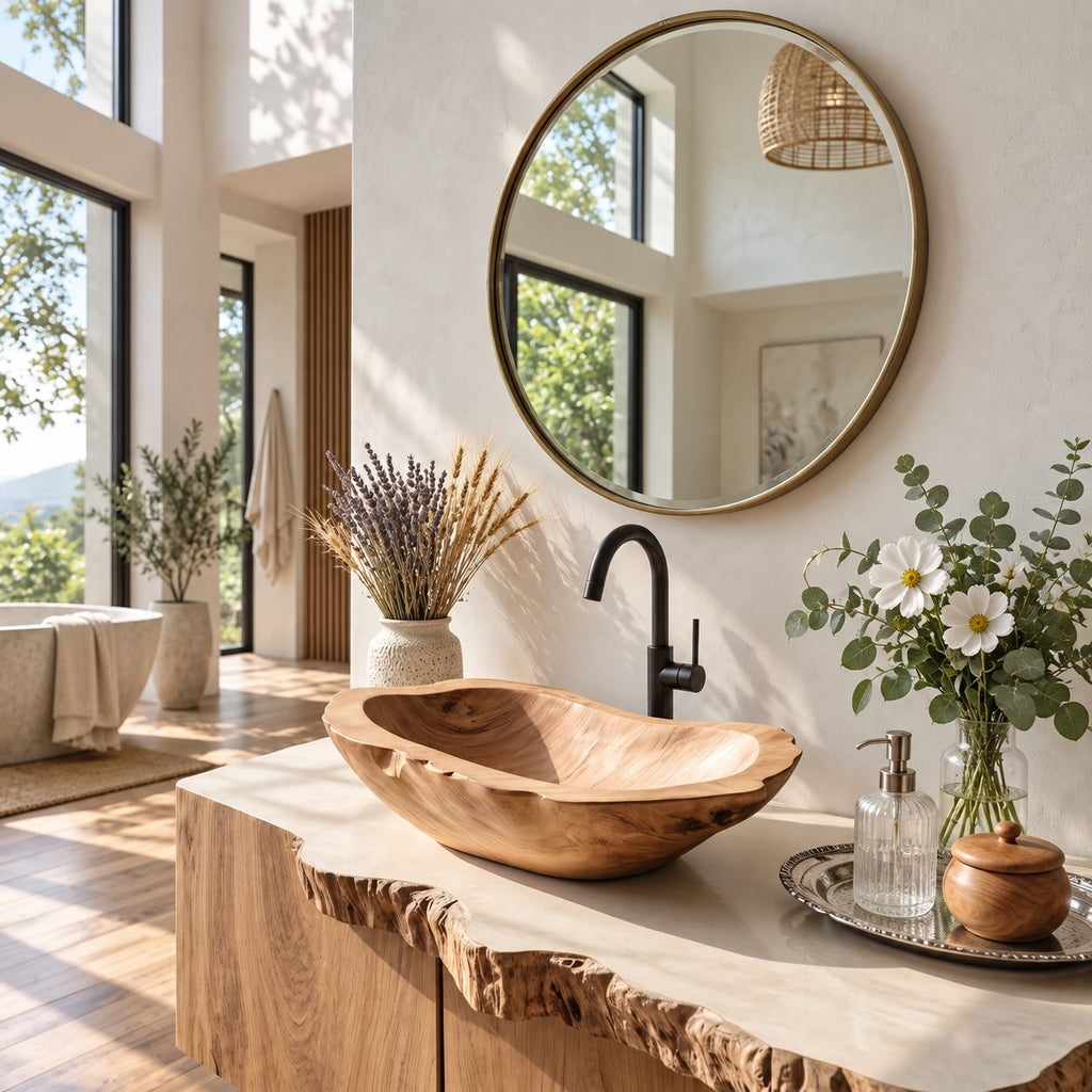 Long Dugout Wooden Vessel Sink with Rough Carved Rim, Elongated Solid Wood Countertop Basin Bowl