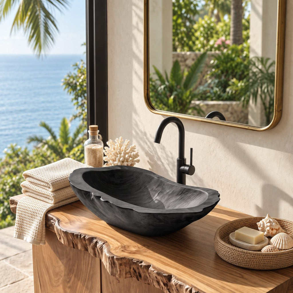 Long Dugout Wooden Vessel Sink with Rough Carved Rim, Elongated Solid Wood Countertop Basin Bowl